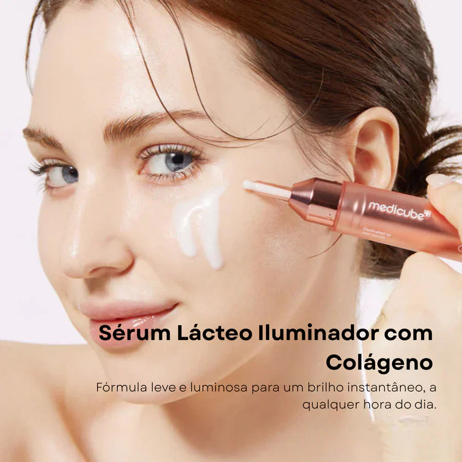 Sérum hidratante Medicube com textura leitosa e rápida absorção para pele radiante.