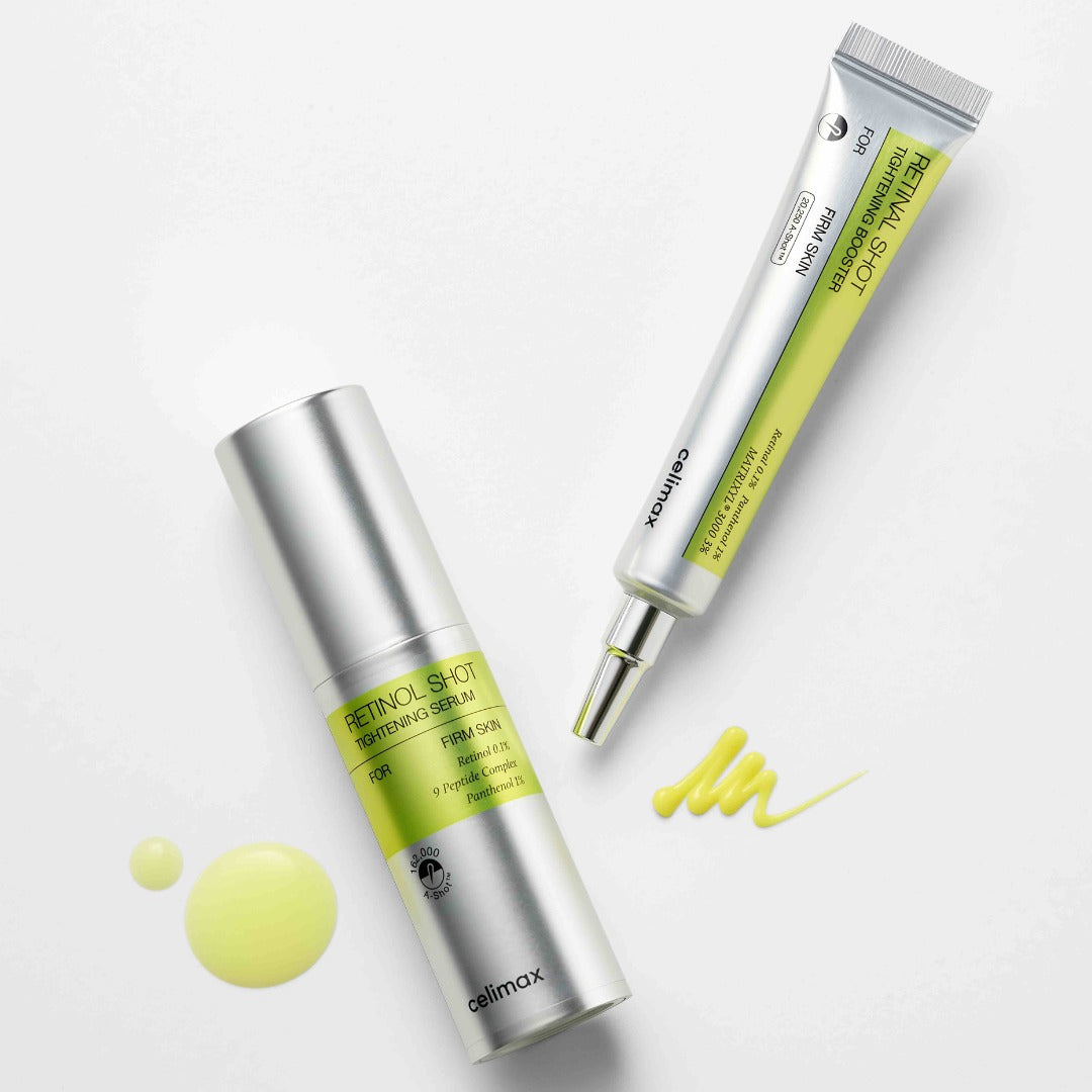 Conjunto facial Celimax com retinol 0,1% e retinal 0,1% para textura e elasticidade da pele.