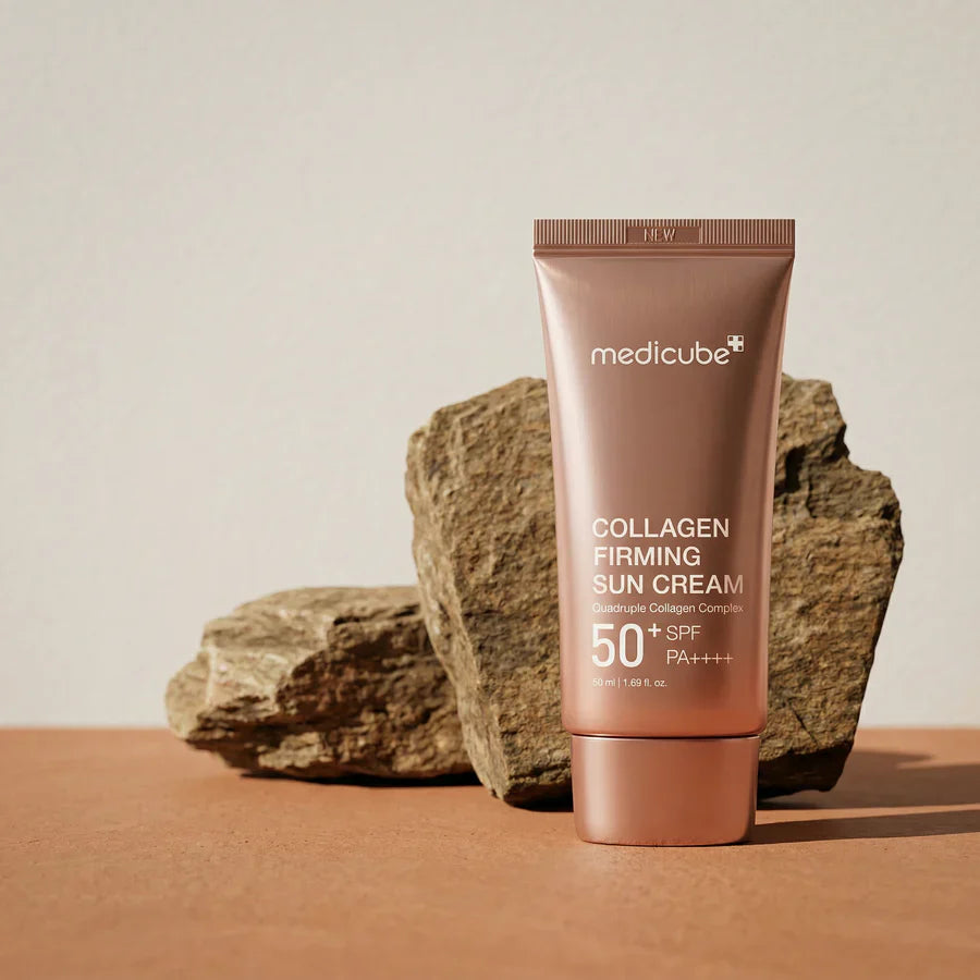 Protetor solar facial Medicube com quatro tipos de colágeno e textura leve de rápida absorção.