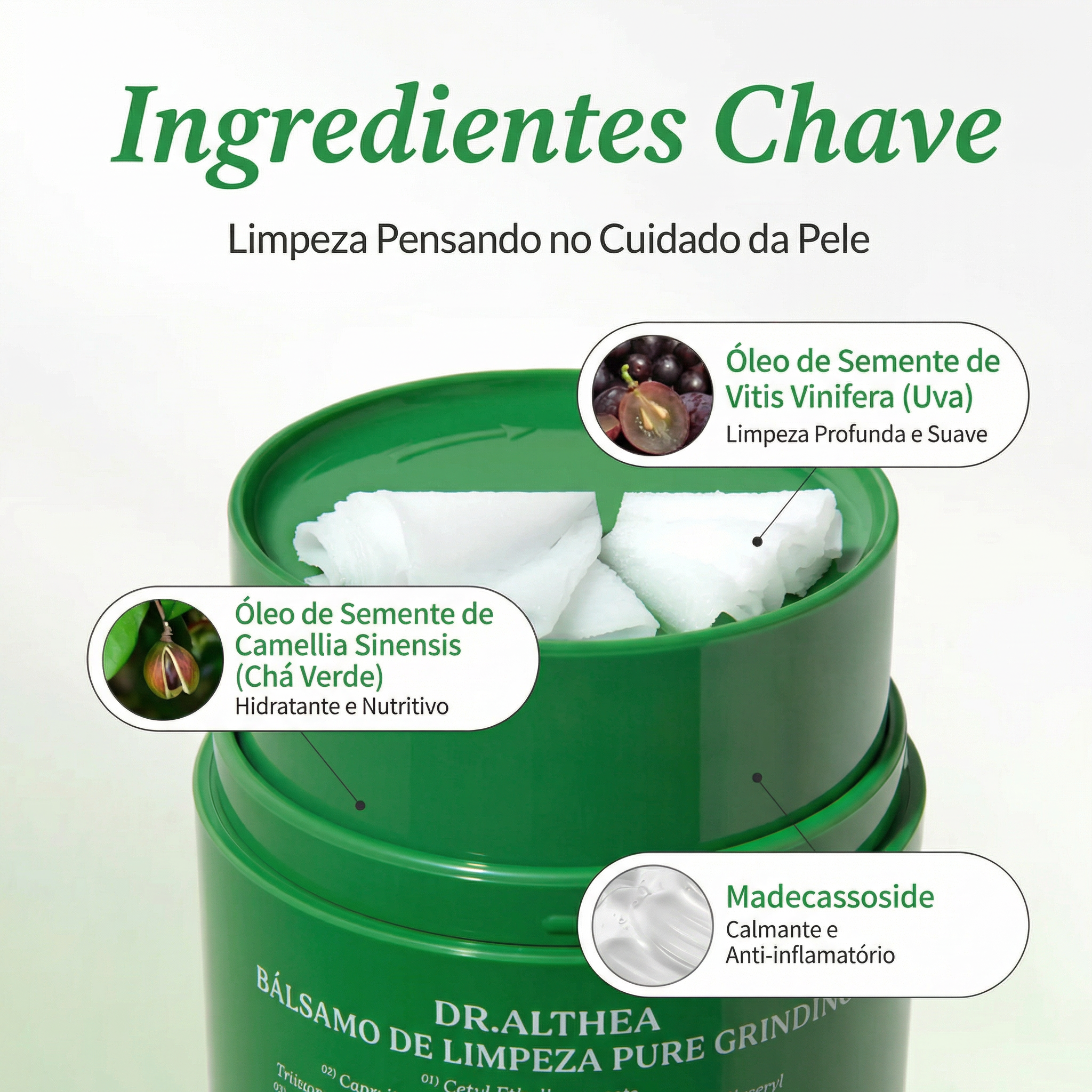 Bálsamo de limpeza facial com centella asiática e madecassoside para pele sensível.