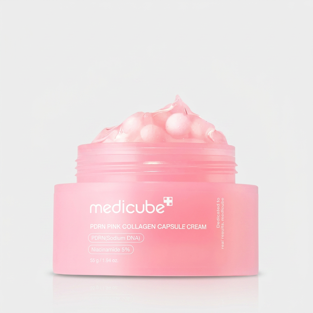 Creme Medicube PDRN Pink Collagen com cápsulas de colágeno para hidratação e luminosidade da pele.