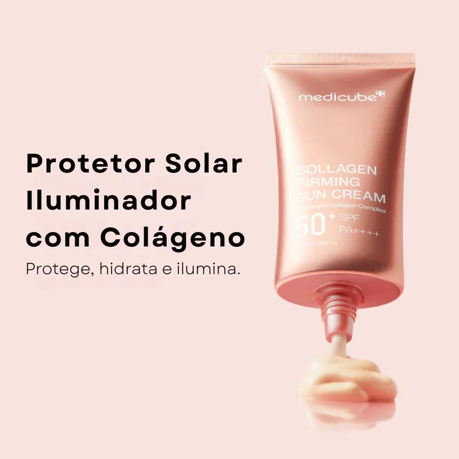 Medicube Collagen Sun Cream auxilia na hidratação, elasticidade e aparência saudável da pele.