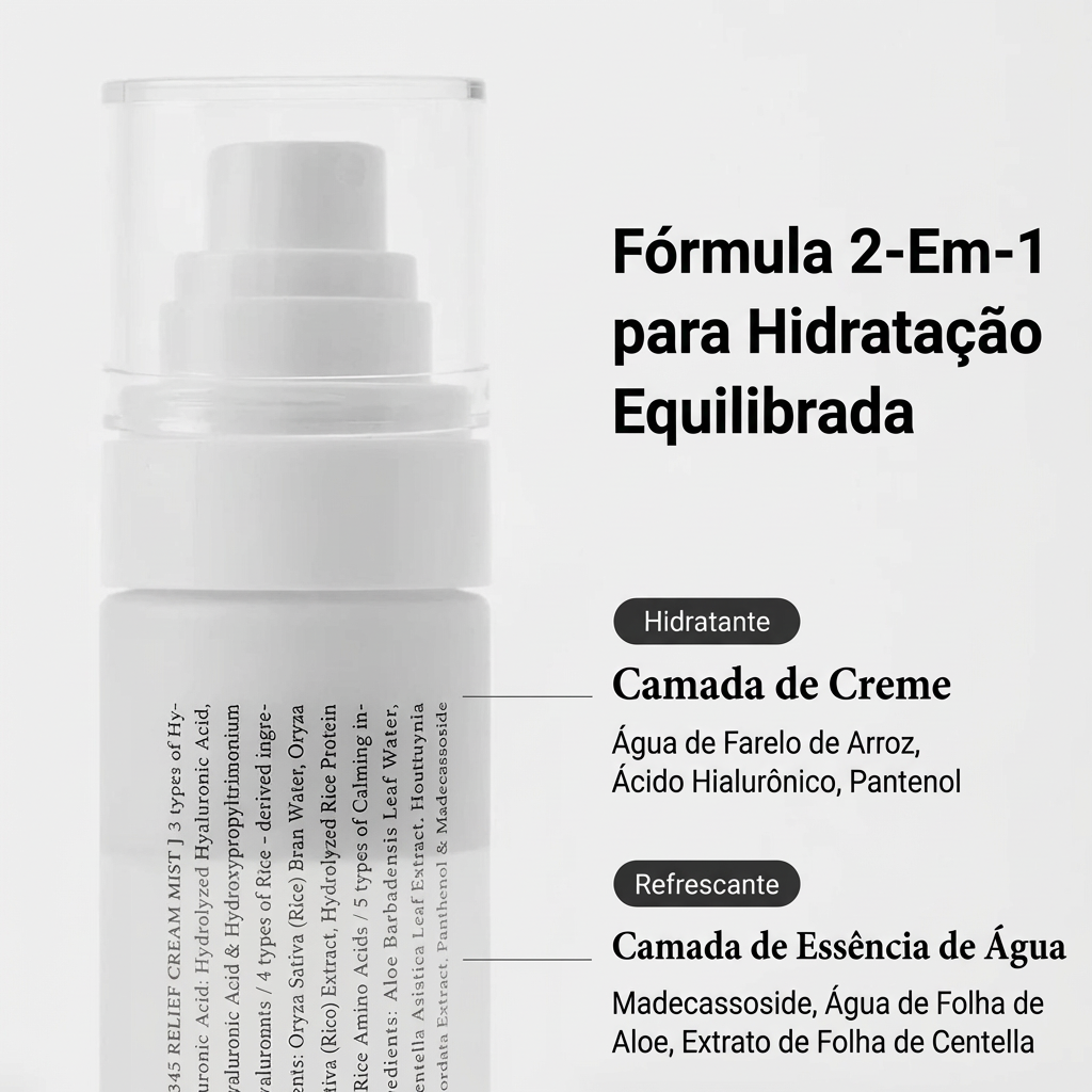 Bruma facial 2 em 1 com essência aquosa e camada cremosa nutritiva.
