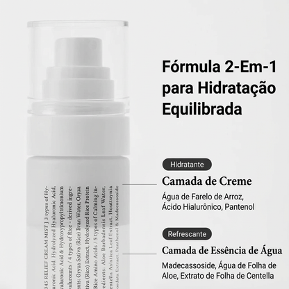 Bruma facial 2 em 1 com essência aquosa e camada cremosa nutritiva.