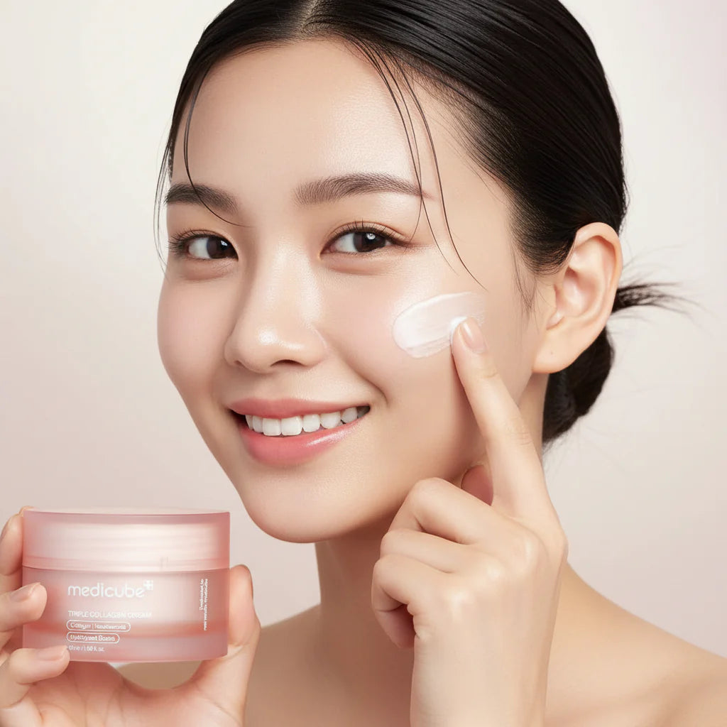 Creme coreano Medicube com ação nutritiva para fortalecer a barreira cutânea e suavizar linhas finas.