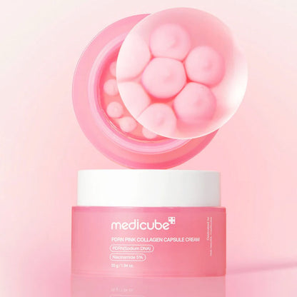 Medicube PDRN Pink Collagen Cream auxilia na elasticidade, hidratação e uniformização da pele.