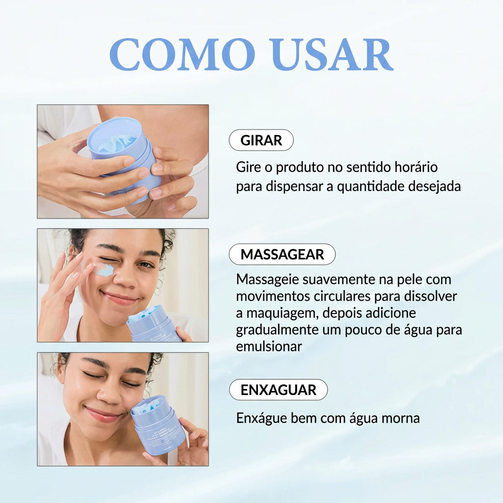 Bálsamo de limpeza facial com acabamento hidratante e sensação confortável na pele.